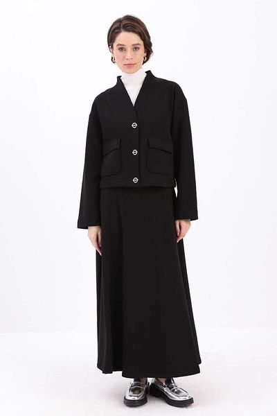 ALLDAY Black-Metal Buttoned Charted Skirt Suit
