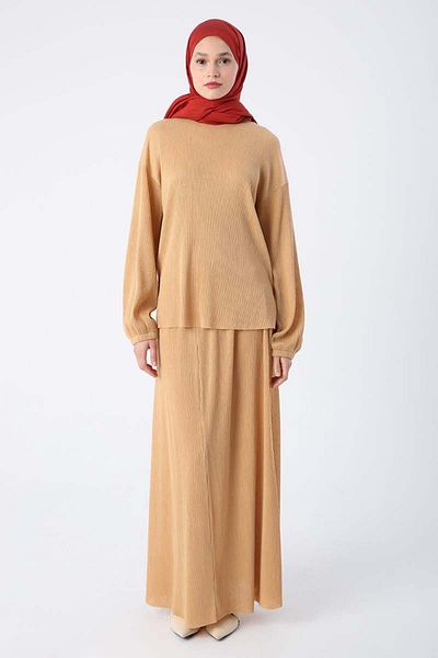 ALLDAY Beige Pleated Slit Detailed Blouse and Skirt Suit