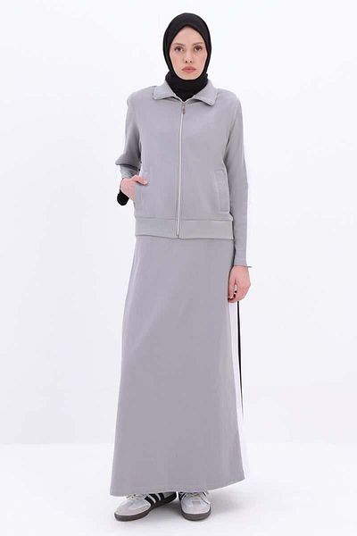 ALLDAY Gray-Black-Cotton Garnished Skirt Suit