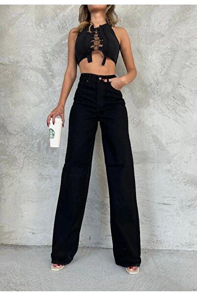 Ramrod Cayla Black Lycra - Super High Waist Loose Palazzo Jeans. Wide Leg