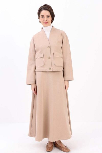 ALLDAY Beige-Metal Buttoned Chartoned Skirt Suit