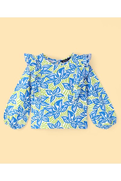 Pine kids Pine Kids Cotton Knit Full Sleeves Top with Frill Detailing Leaf Print - Multicolour