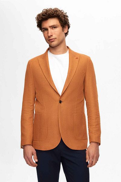 Twn Slim Fit Camel Dobby Blazer Υφασμάτινο Μπουφάν
