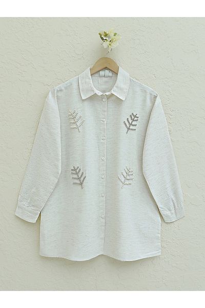 Modamorfo Linen Shirt - Leaf Motif and Pearl, Stone Color