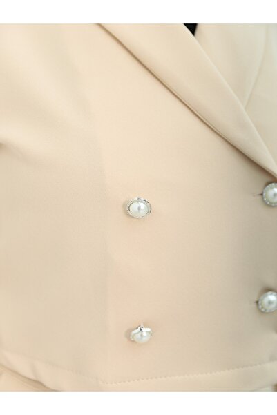 Modamorfo Beige Color Pearl Buttoned Skirt and Jacket Set