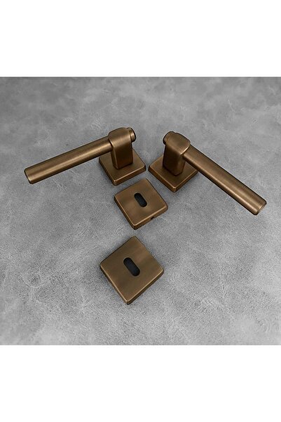 KOLDOOR Dem Mat Antik Sarı Lüx Kare Rozetli Zamak Oda Kapı Kolu 1 Takım