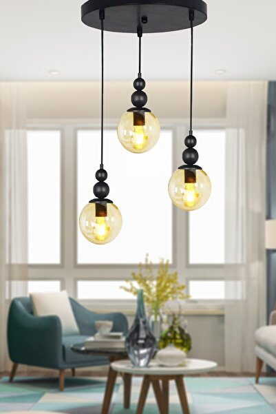 Taşcan Aydınlatma Koza 3 Lü Siyah Tepsili Sarkıt Avize Bal Camlı