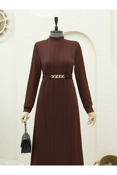 Modamorfo Μακρύ Φόρεμα Lycra Stand Collar - Ζώνη, Καφέ