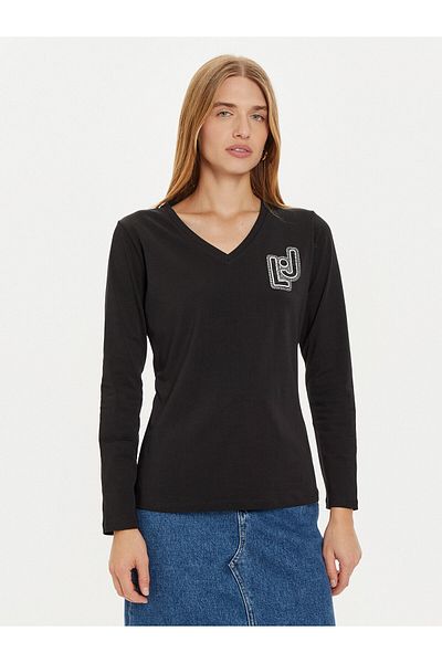 Liu Jo Minimal V-Neck Logo Detail Black Women's T-Shirt - Tf4211Js088-N9787