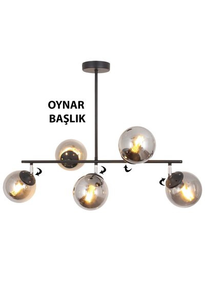Taşcan Aydınlatma Lona 5 Li Siyah Oynar Başlıklı Avize Füme Glop Cam Modern Mutfak Yemek Masası Üstü Yatak odası Salon