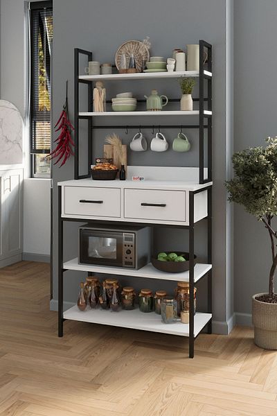 Bofigo Kitchen Stand With 2 Drawers And 5 Shelves Coffee Corner Kitchen Rack Kitchen Bar White