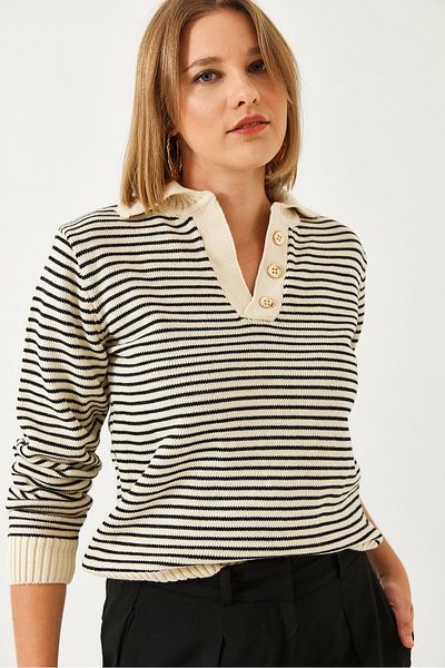 Bianco Lucci Women's Polo Neck Button Detailed Striped Knitwear Sweater 5159 60261051
