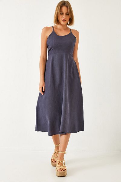 Bianco Lucci Women's Back Tie Rope Strap Linen Dress 60251226