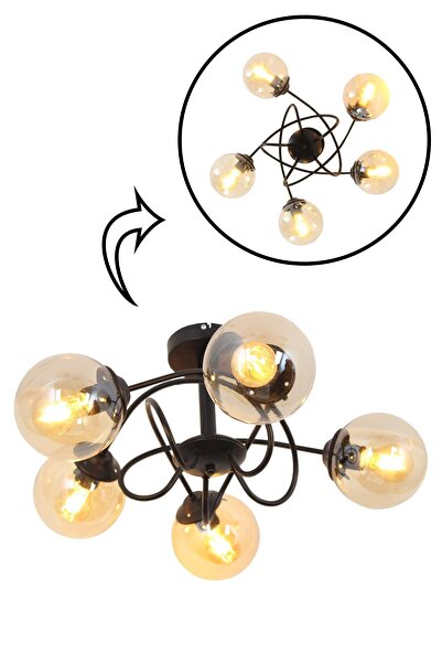 Taşcan Aydınlatma Estala 5 Li Siyah Plafonyer Avize Bal Camlı