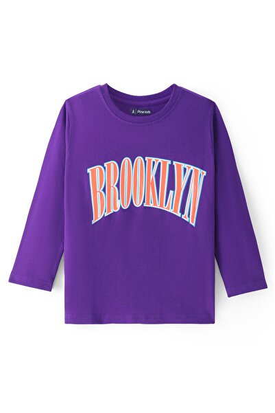 Pine kids تي شيرت Pine Kids من القطن المحبوك بأكمام كاملة مع طباعة نصية - بنف...