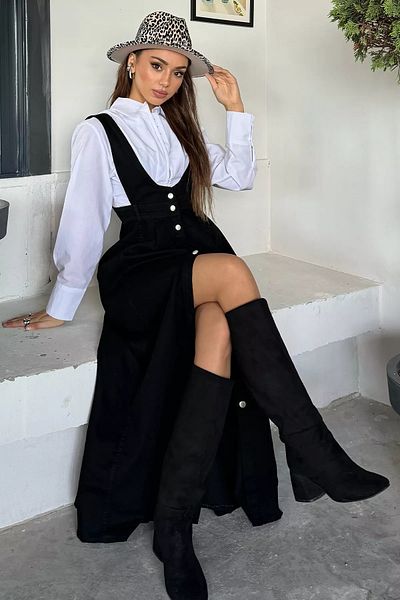 GÜLSELİ Černé dámské džínové šaty Salopet Denim Jean