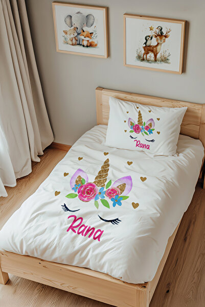 Lilabio İsme Özel Tek Kişilik %100 Pamuk Nevresim Takımı (160x220 cm) Çiçekle...