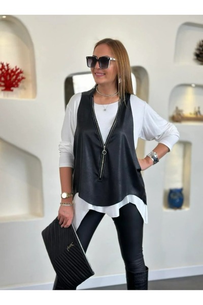 Kokosh moda Kadın Asimetrik Kesim Deri Yelekli Uzun Kollu İkili Bluz