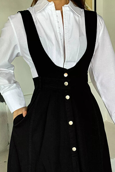 GÜLSELİ Μαύρο γυναικείο τζιν φόρεμα Salopet