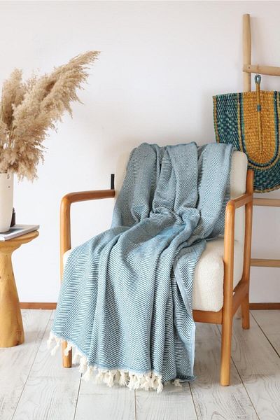 Koza Mix towel Син диван King Size с плетени рамена, покривало за диван 180X300 см