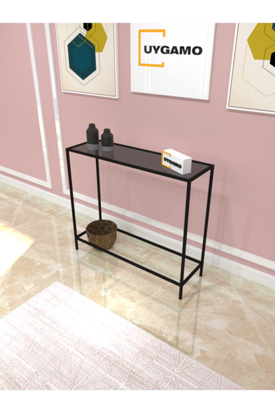 UYGAMO Arte Metal Dresuar Dekoratif Kahve Köşesi Konsol Siyah Füme Camlı