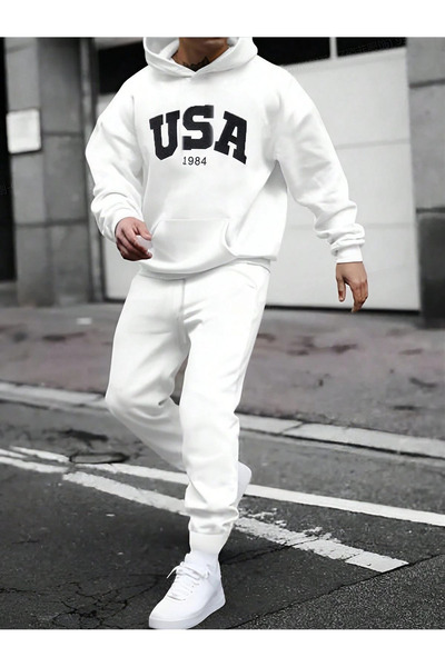 bellanova Σετ φόρμας USA - Φούτερ με λευκή στάμπα, υπερμεγέθη, κουκούλα και J...