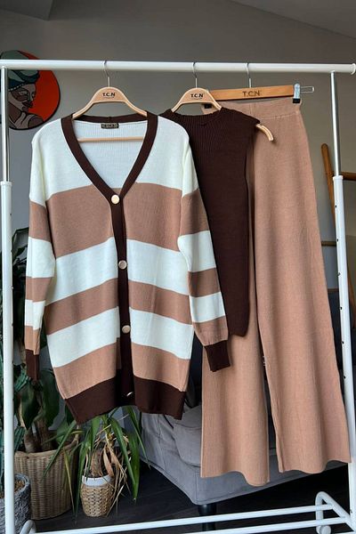 Bold Grup Women's Brown Striped Standard Size Knitwear Cardigan Blouse Trousers Three-Piece Suit with Underwear