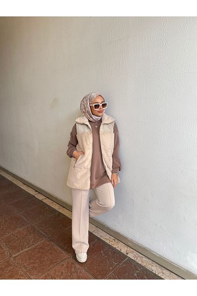 Minel سترة نسائية قصيرة منتفخة من الفرو باللون البيج
