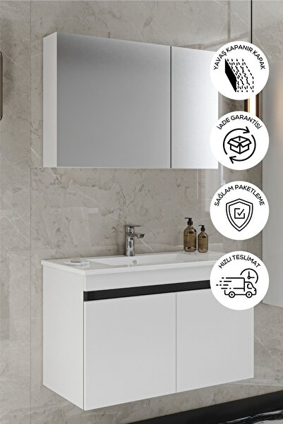 BALNEOM Banyo Idil 65 Cm %100 Mdf Beyaz Lavabolu Banyo Dolabı Aynalı Dolaplı Üst Dolap Alt Dolap Lavabo