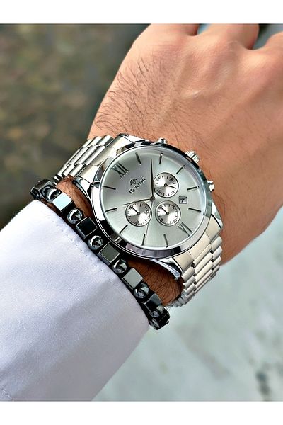 Bentini Silver Color Functions Active Original Steel Band Men Wrist Watch with Bracelet Gift