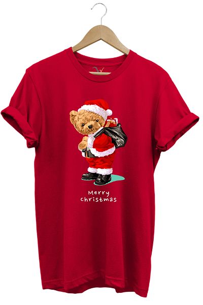 WİDİ New Year's Eve Merry Christmas Cute Teddy Bear Printed 100% Cotton Regular Fit Red T-Shirt