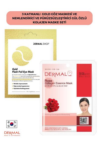 Dermal Gold 3-layer Eye Mask - Moisturizing and Smoothing, Rose Extract Collagen Mask Set