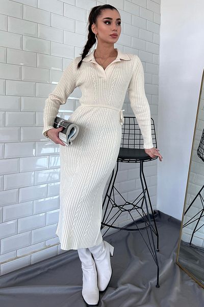 GÜLSELİ Ecru Women's Polo Collar Waist Tied Long Knitwear Dress