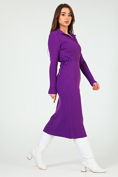 GÜLSELİ Purple Women's Polo Collar Winter Waist Tied Long Knitwear Dress