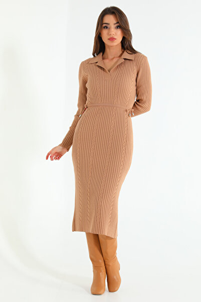 GÜLSELİ Μπισκότο Γυναικείο Πλεκτό Φόρεμα με λαιμόκοψη με δέσιμο στη μέση