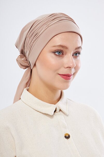 HÜRREM BONE حجاب جاهز عملي بلون البيج من قماش ساندي مع طيات وتجعيدات ونقش وردي 1805_12