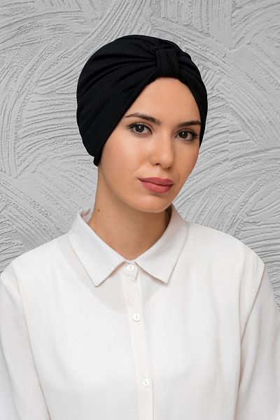 HÜRREM BONE Practical Ready-made Black Hijab Bonnet - Honeycomb and Drawstring, Snap-on 1204_01