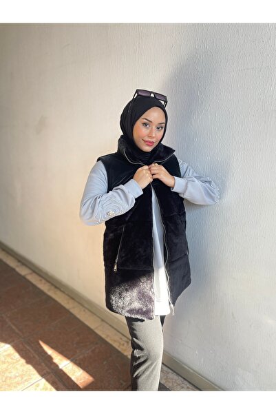 Minel Жіночий чорний короткий хутряний жилет з капюшоном