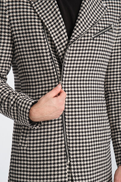 Frappoli Мъжко дълго палто с цип, черно-бяло, с шарки