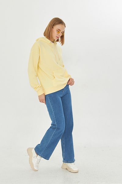Kutaf Women's Yellow Kangaroo Pocket Raised Hooded Regular Fit Sweatshirt