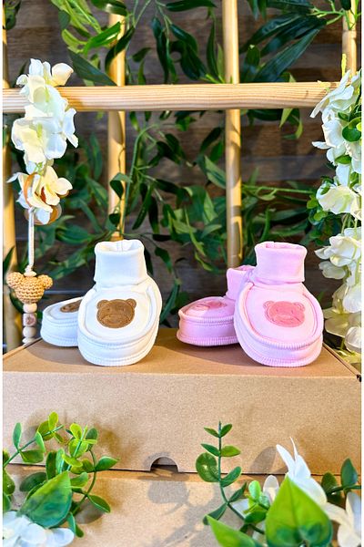 Renkli Puset 2-Piece Basic Baby Booties - 100% Cotton Suede Bear