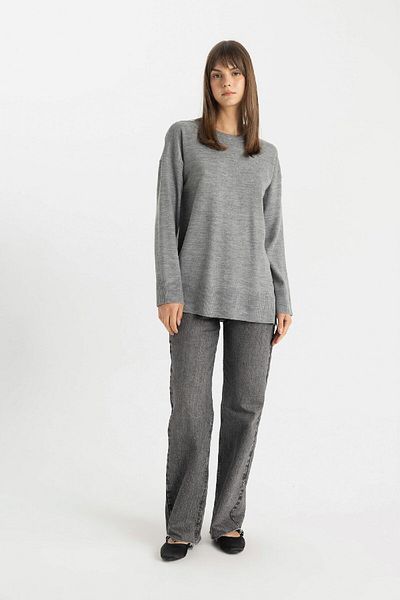DeFacto Πλεκτό πουλόβερ με κανονική εφαρμογή Crew Neck Slit - C5165ax24au
