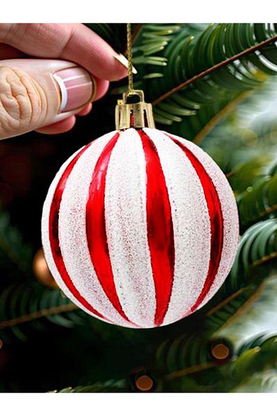 Parti Adresi New year's balls red white striped pine tree ornaments 12 cm set of 4