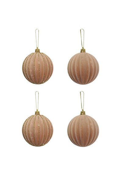 Parti Adresi Christmas Balls - Gold Glitter Velvet, 8 cm Salmon Tree, Set of 4
