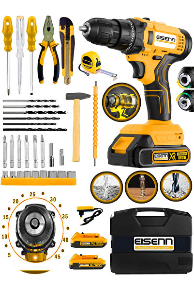 Eisenn Rainn E-2137 Yeni Nesil Metal Şanzıman Akülü Vidalama Matkap 37 Pcs Komple Set Hediyeli