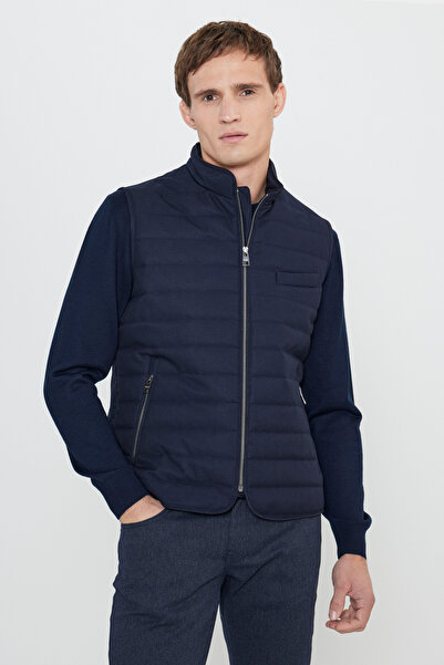 ALTINYILDIZ CLASSICS Men's Navy Blue Cotton Standard Fit Regular Cut Stand Collar Diagonal Pattern Casual Vest