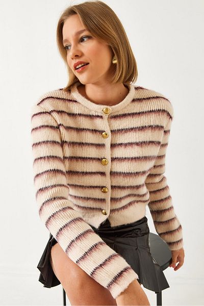 Bianco Lucci Women's Striped Charcoal Knitwear Cardigan