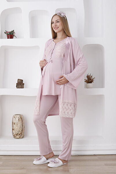 ERDENİZ TEKSTİL طقم الأمومة للحوامل - بيجامة بأزرار، ثوب صباحي من الدانتيل، ش...