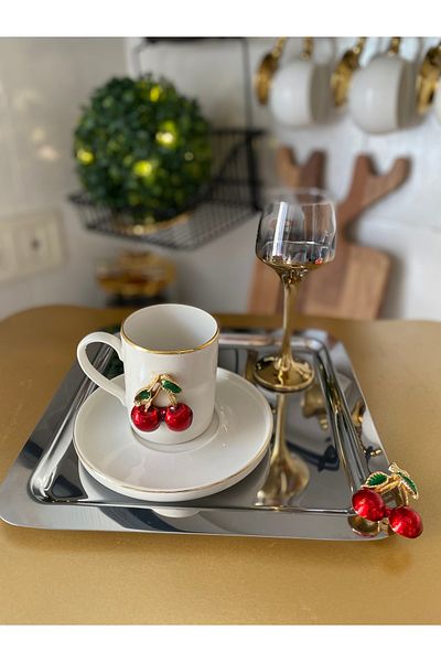 atabey home collection صينية معدنية فضية - صينية القهوة والشاي والعرض مع ملحقات الكرز 2 قطعة