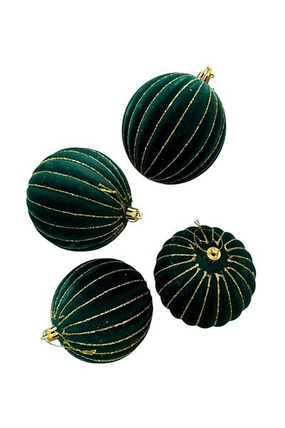 Parti Adresi Green Glitter Velvet Christmas Ball - Gold 10 cm Set of 4